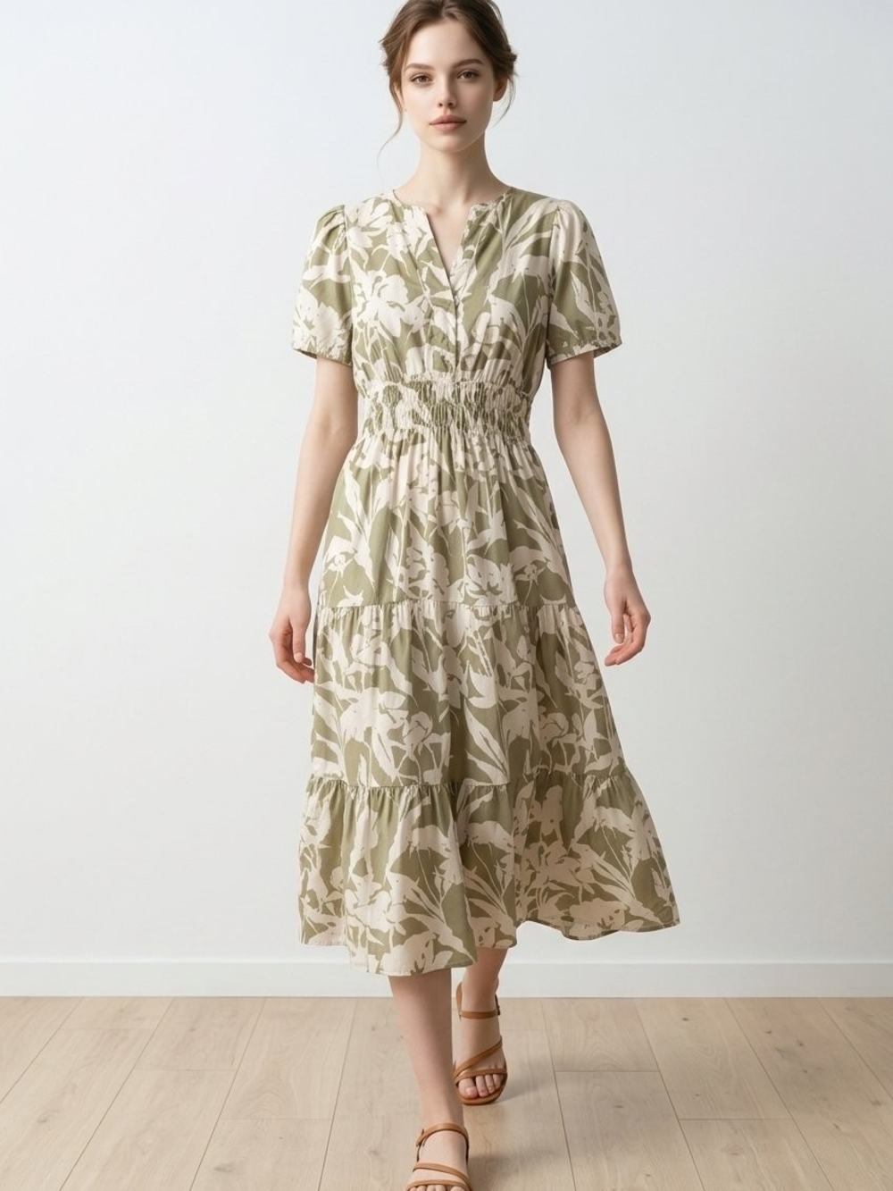 Smocked Waist Floral Midi Dress in Cream And Olive